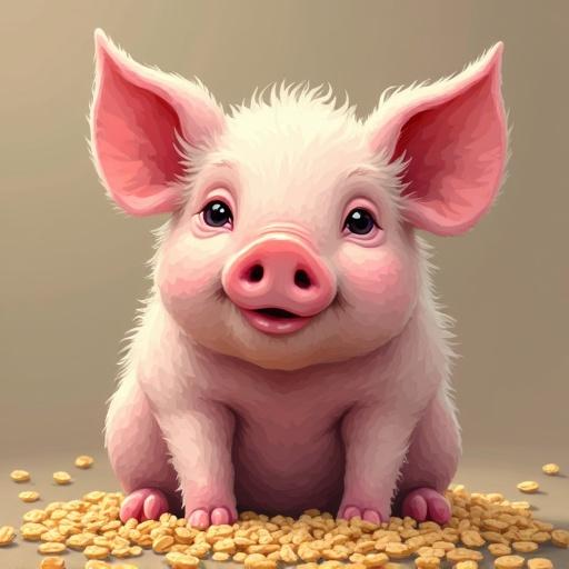 Adorable piglet sitting on a pile of oats with a friendly expression