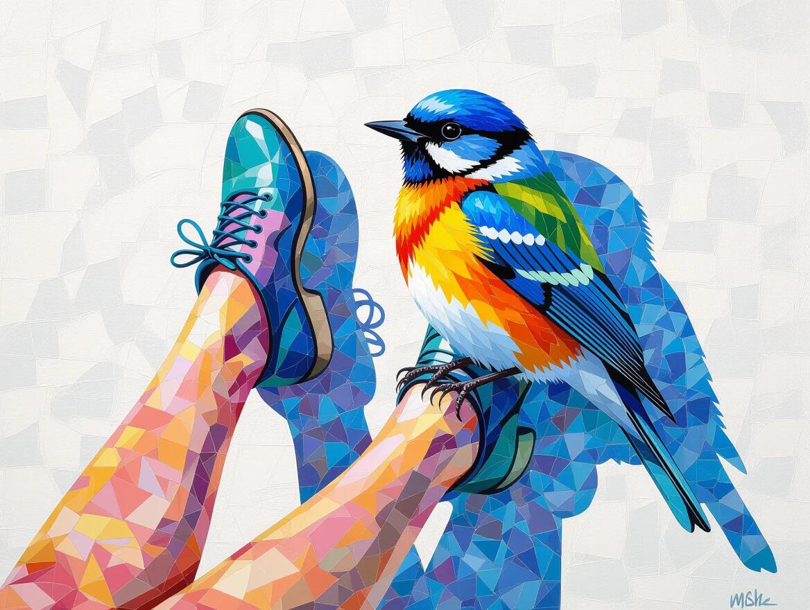 Pointillist portrait of split legs features a colorful bird. The bird casts a gentle shadow on a white textured backdrop. The image is infused with cool morning light. The style balances realism and elegance, evoking the grace of dawn.