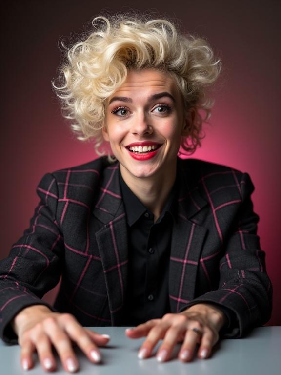 Close-up portrait of a 20-year-old crossdressing person with voluminous blonde curly hair. Facial features blend masculine and feminine. The person has wide eyes with dark eyeliner and defines eyebrows. There is a bright smile revealing teeth. The person wears a black collared shirt under a dark plaid blazer. Left hand rests on a gray surface with long, manicured fingernails. The right hand is over the chest. Background features a dark gradient with a pinkish glow. Sharp focus on the subject against soft background.