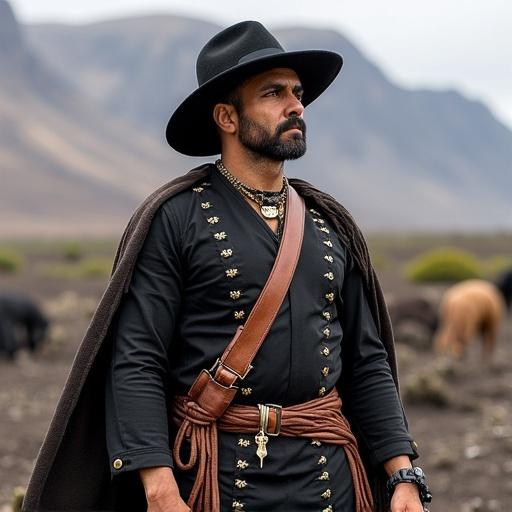 Image of ancient farmers from Lanzarote alongside dromedaries in gothic noir style. Historical clothing and unique setting.