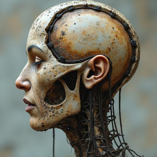 A metallic head structure with intricate details. The head has a mechanical design with wires and connectors. It's shown in a soft-lit environment. The focus is on the head's texture and shape.