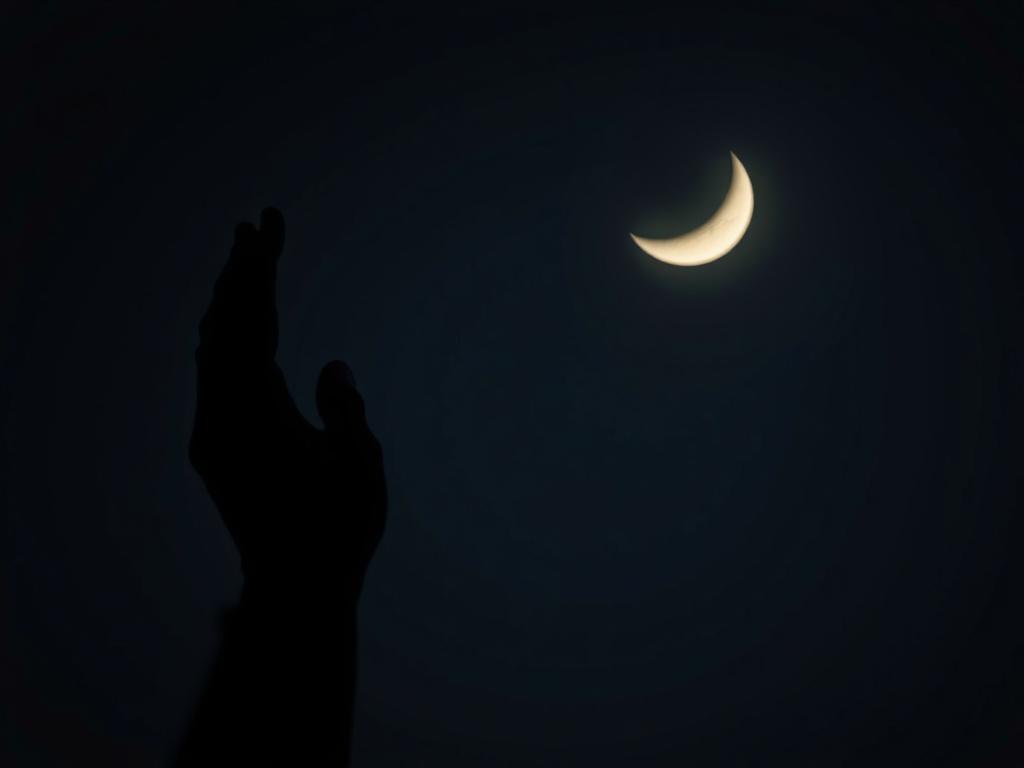 A silhouette of a hand reaching towards a crescent moon in a dark sky.