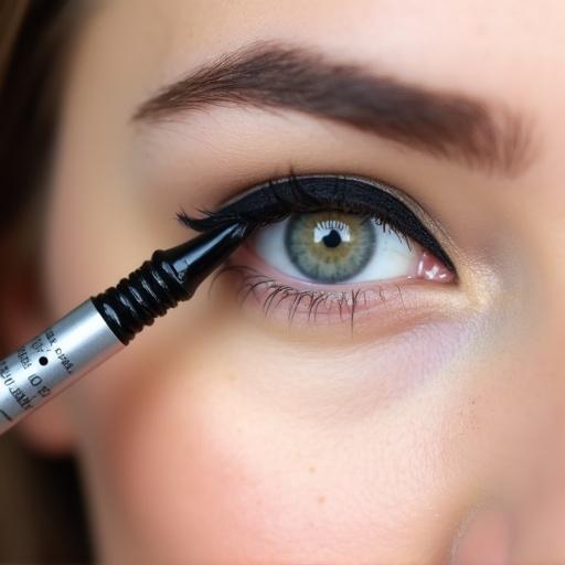Close-up view of young woman's eye showcasing makeup. Light skin tone. Dark eyebrows and eyelashes. Black eyeliner applied to upper eyelid. Defined wing shape. Neutral eyeshadow from beige to taupe. Black eyeliner pen close to the eye. Bright and soft lighting highlighting skin texture. Centered focus on precise eyeliner application. Professional and instructional makeup atmosphere. Simple and direct composition with no distractions.
