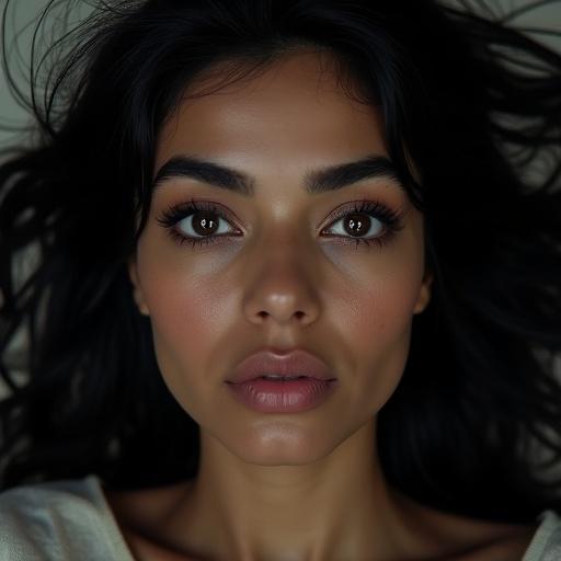 Generate an image of a Scottish-Pakistani woman with striking features. She has dark brown eyes, black hair, full lips, beautiful dark skin, and thick eyebrows. Focus on her facial expression.