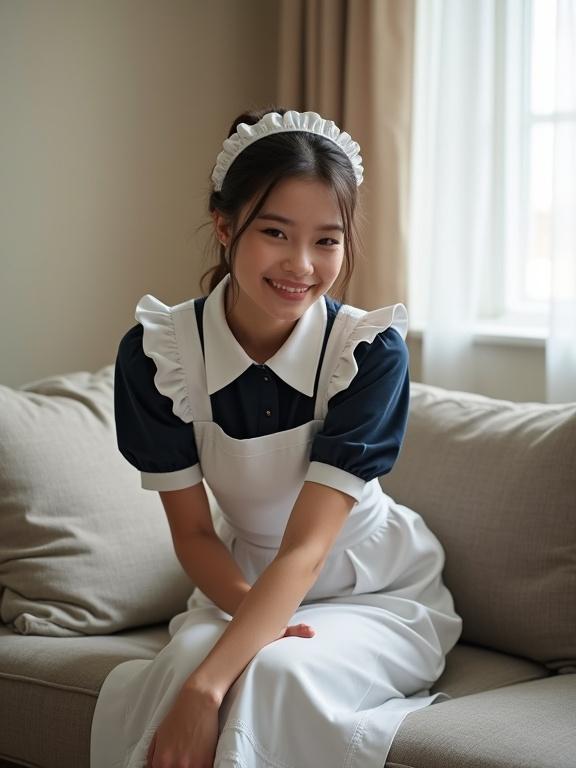 Beautiful married lady wears a maid uniform. She sits on a cream sofa. White apron complements the navy blue blouse. The room features soft natural light. She has a sophisticated and elegant posture.
