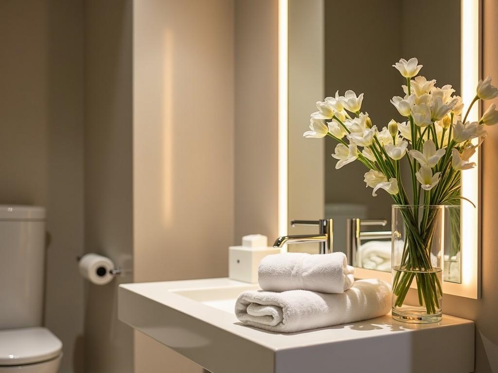 This image captures a refined bathroom setting, featuring a modern sink with a chrome faucet. A vase of elegant white flowers enhances the aesthetic, matching the neatly folded white towels beside it. The soft glow from the backlit mirror adds warmth and sophistication to the scene, creating a calming ambiance.