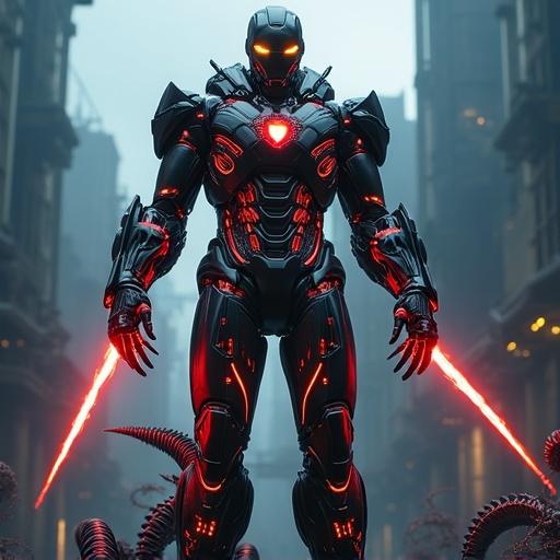 Futuristic biomechanical Iron Man suit inspired by H.R. Giger. Organic ribbed armor with black metallic textures. Bioluminescent veins pulsating across its surface. Suit towers in low-angle pose with repulsor beams from gauntlets. Biomechanical tendrils coil around legs in industrial wasteland. Alien structures backdrop. Neon lighting casts long shadows. Grotesque fusion of machinery and biology with glowing visor and amber eyes. Hyperrealism with surreal bio-mech horror elements.