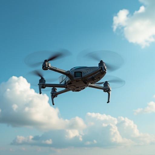 A drone flying in a clear blue sky surrounded by fluffy white clouds. The drone is actively in motion showcasing its advanced design and features. Clear visibility of details on the drone makes it the focal point against the backdrop of soft clouds.