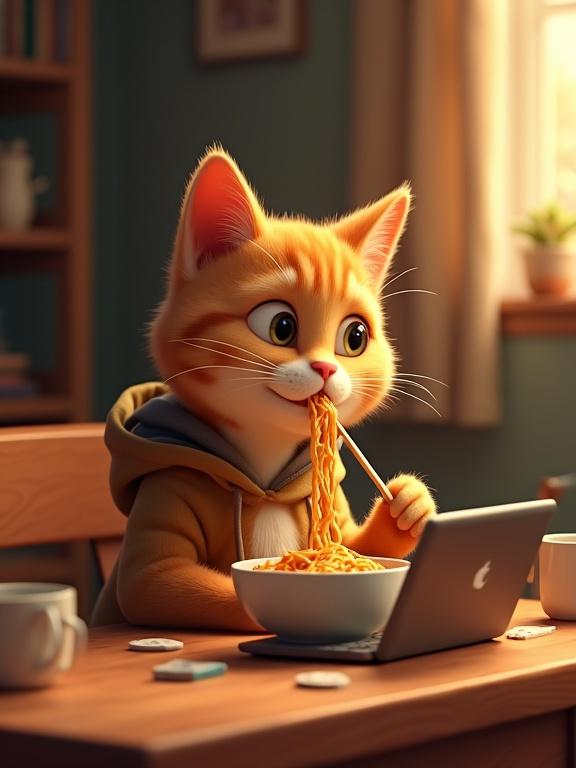 3D animated anthropomorphic orange tabby cat in a hoodie sitting at a dining table. The cat eats instant noodles while watching a tablet. The table is cozy and cluttered, featuring a coffee mug. The scene is lit with a dim warm light, emphasizing Pixar-style rendering and realistic fur textures.