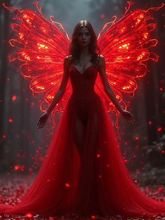 3D rendering of a fantasy character with angelic butterfly wings. The model wears a beautiful red gown in a dreamy forest setting. High level of detail and vibrant colors. 8k resolution.