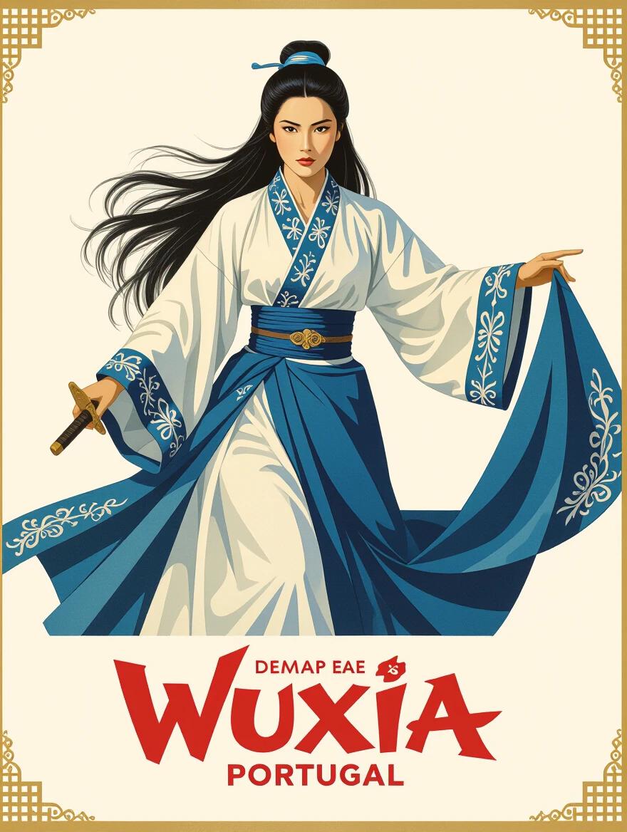 The image features a woman wearing traditional clothing inspired by Wuxia films. The woman has long hair and holds a sword in one hand. The background has a vintage movie poster design. The color scheme is primarily white and dark blue. It illustrates the essence of martial arts and adventure.