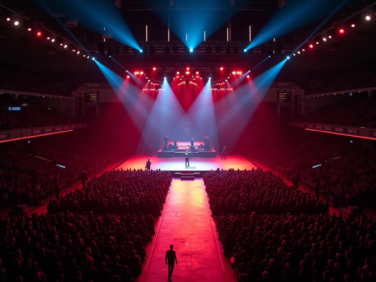 This image captures a vibrant scene from a Travis Scott concert at Madison Square Garden. The view is taken from a drone, showcasing the expansive stage with a runway leading to the audience. Bright red and blue lights illuminate the stage, while a large crowd fills the venue. The performer is positioned at the center of the action, drawing attention. The atmosphere is lively and electric, characteristic of a major music event.