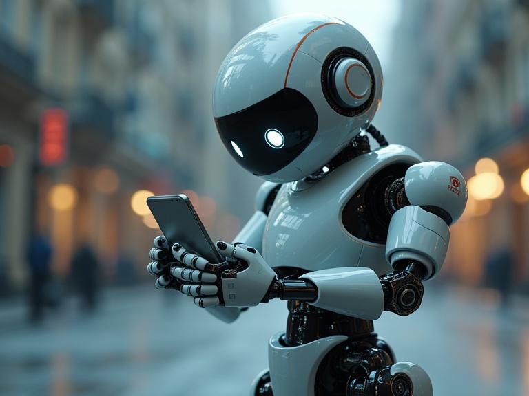 Android robot presenting smartphone in a city environment with a soft background.