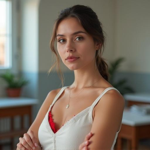 A female teacher in a classroom wearing a white camisole with a red bra. She has long hair and is looking directly at the camera with a serene expression.