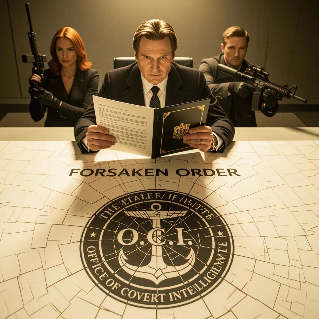 A tense scene in a shadowy intelligence chamber. An intelligence officer reads a confidential dossier. The emblem of the Office of Covert Intelligence appears below. Two armed agents stand behind, each facing opposite directions. The atmosphere is filled with paranoia. The lighting creates a sense of secrecy.