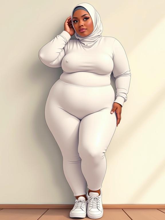 Illustration of a confident hijabi woman with wide hips and thick thighs. She wears a tight white bodysuit and sneakers. One hand on her head and the other on her hip. Standing against a wall in a front view, looking at the viewer.