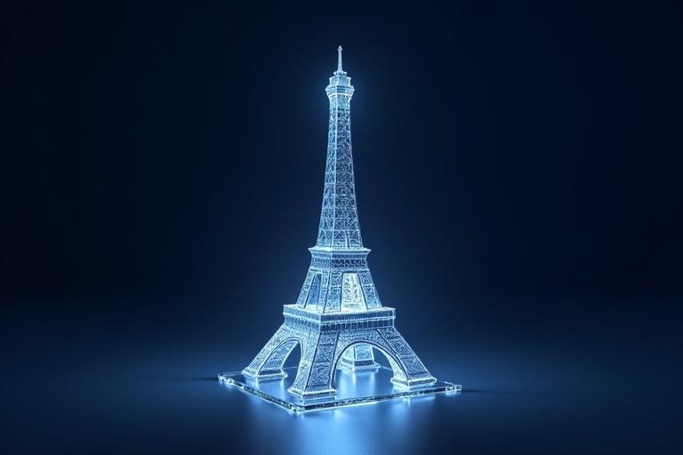 3D render of a transparent crystal Eiffel Tower puzzle on a dark navy background. Style is semi-realistic with clear blue and silver colors. Subtle glow effect is added. Text overlay states 3D crystal puzzle.