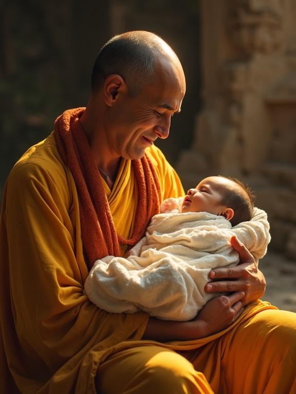 Realistic image depicting a monk holding a baby in a serene environment. The monk wears a traditional robe and smiles gently at the baby in his arms. Soft, warm natural light surrounds them.