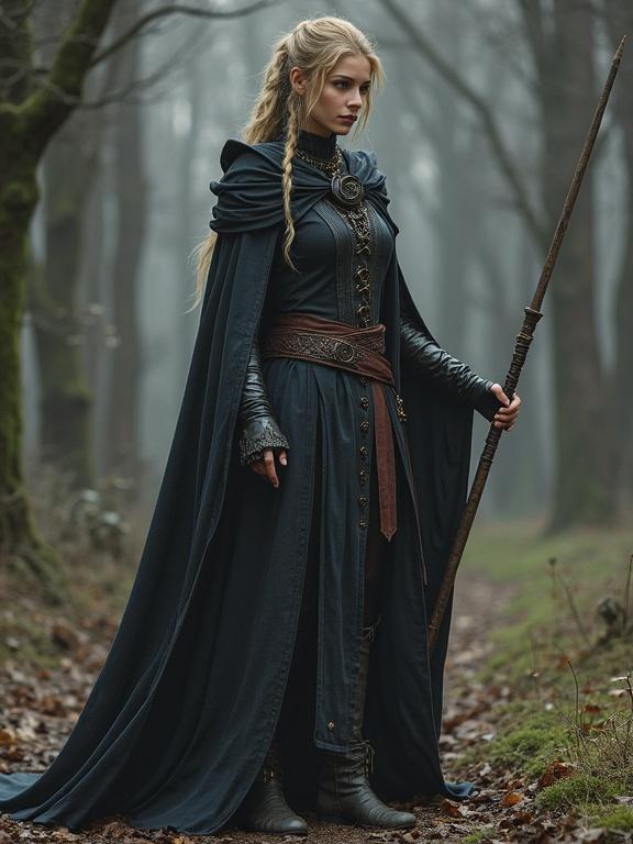 Full body view of a female wizard in dark attire with a spear in a misty forest