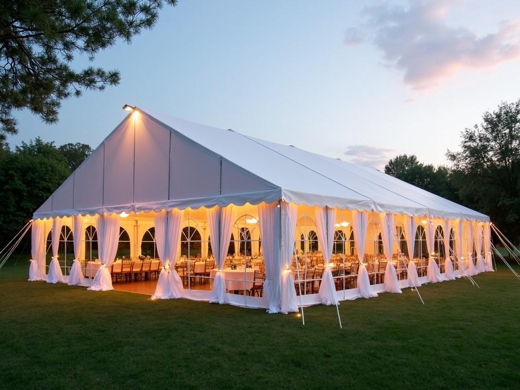 The image showcases a large tent that measures 36x50 feet with a 16-foot ceiling, designed for outdoor events. It is elegantly illuminated from inside, giving a warm glow that invites guests. The tent features decorative white drapes along the sides, enhancing its aesthetic appeal. Nestled on lush green grass, it provides ample space for dining and gatherings. The setting is perfect for weddings, parties, and other significant celebrations, merging comfort with an open-air feel.