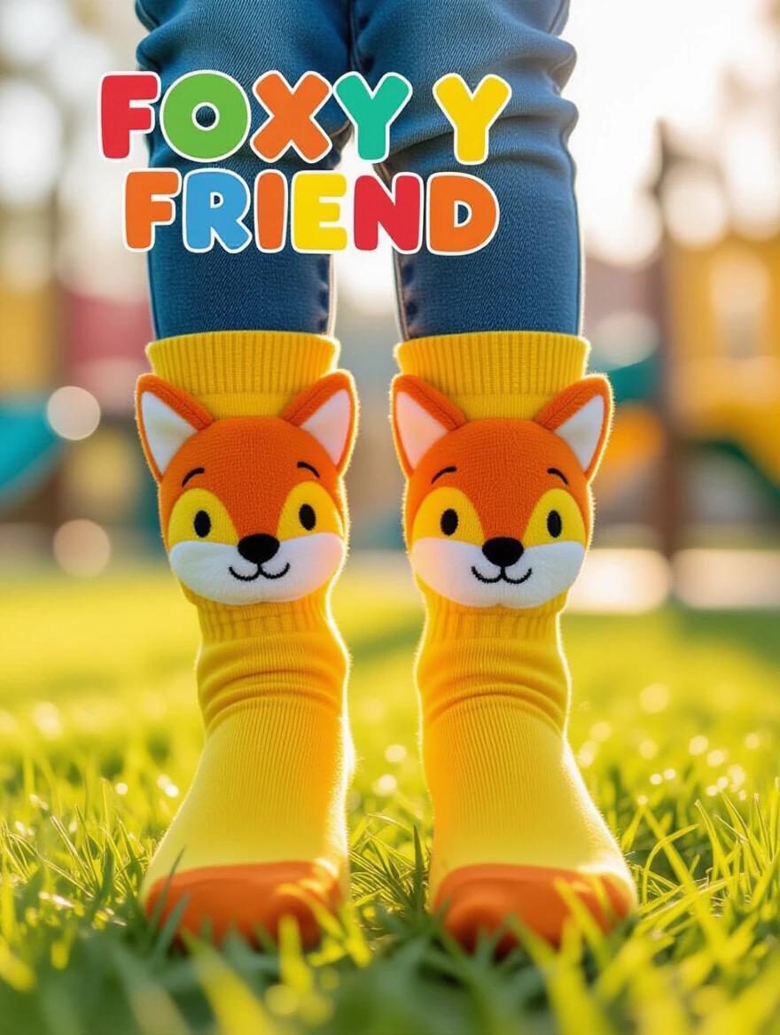 Show a showcase of children's crew socks. Socks are bright yellow. Socks have adorable cartoon fox faces with protruding orange ears. Eyes and nose are embroidered in black. Text on cuff reads 'Foxy Friend' in colorful bubble letters. Child's legs in playful jumping pose on grass. Setting is outdoors in natural light with soft shadows. Background is a blurred playground.