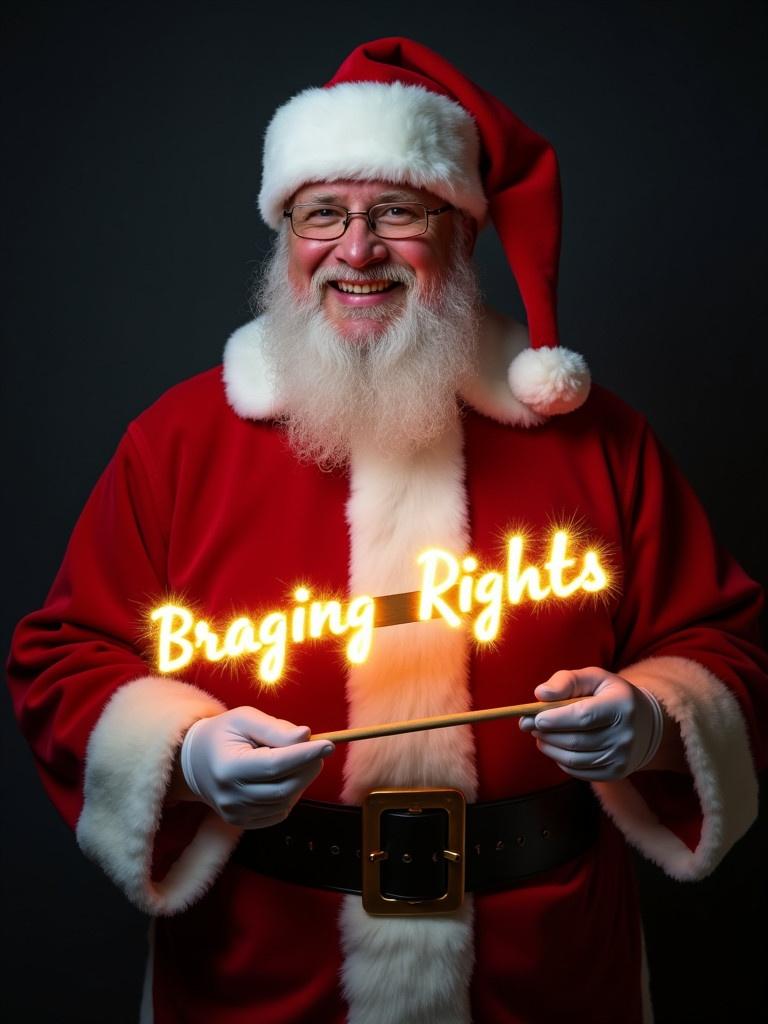 Santa Claus in traditional red and white suit holds a glowing stick saying Bragging Rights. Smiling Santa enhances Christmas joy against dark background.