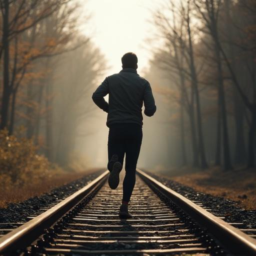 A man running on train tracks in a tranquil setting. Trees with autumn foliage surround the path. The scene is illuminated by soft, diffused light creating a serene atmosphere.