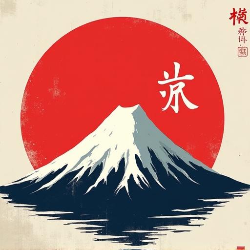 Logo design featuring Mount Fuji and the kanji 富士. Simple composition with a large red sun backdrop and a detailed depiction of the mountain.