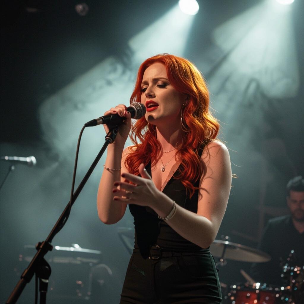 Red-haired Irish singer performs on a small stage. Noir lighting creates sharp angles and reflective shadows. Hints of smoke in the background add atmosphere. The mood is intense and focused.