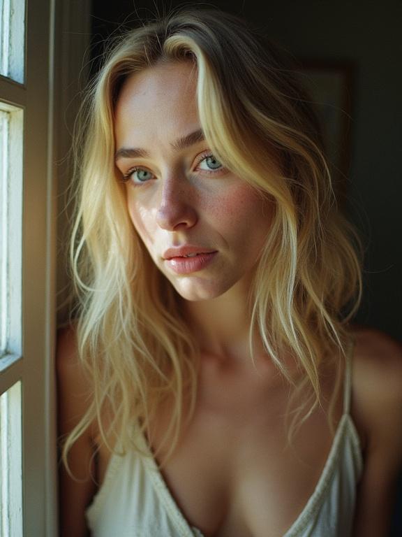 35mm color photo featuring a young woman with blonde hair. Captured in natural light against a window. Emphasizes the subject's eyes and facial features.