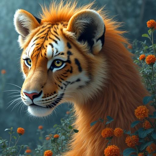 A close-up portrait of a lion with orange fur and striking blue eyes. Set against a background of soft focus greenery and vibrant orange flowers. The lion exudes a majestic and powerful presence.