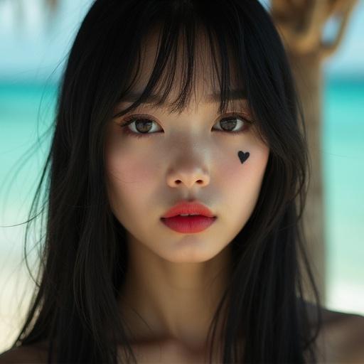 Close-up portrait of Korean woman with long black hair. She has white contact lenses. Lips are red. There is a black heart tattoo below one eye. The background is a blurred tropical beach. Natural warm lighting highlights her features.