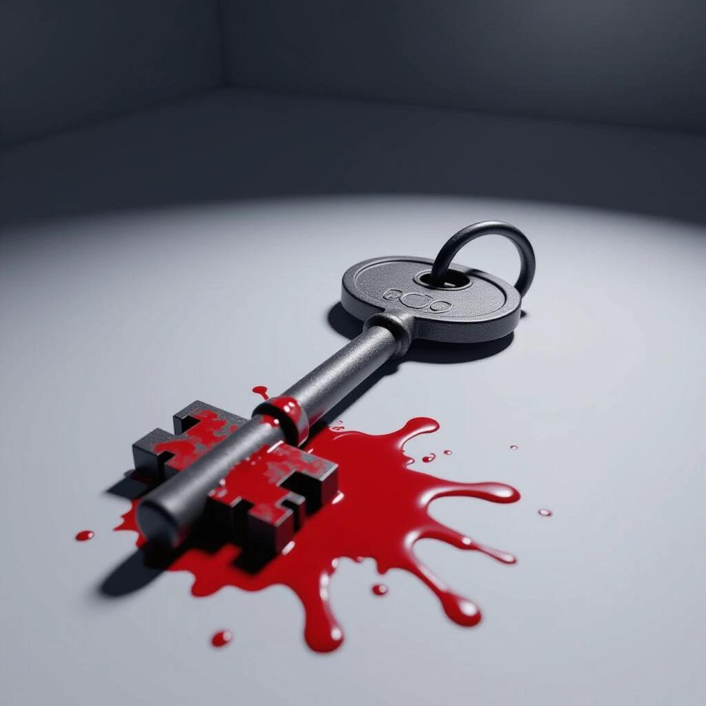 Dark key lies on the ground. Key is bloody and covered in red liquid. Scene is set in a dark room. Focus on the contrast between the black key and red blood.