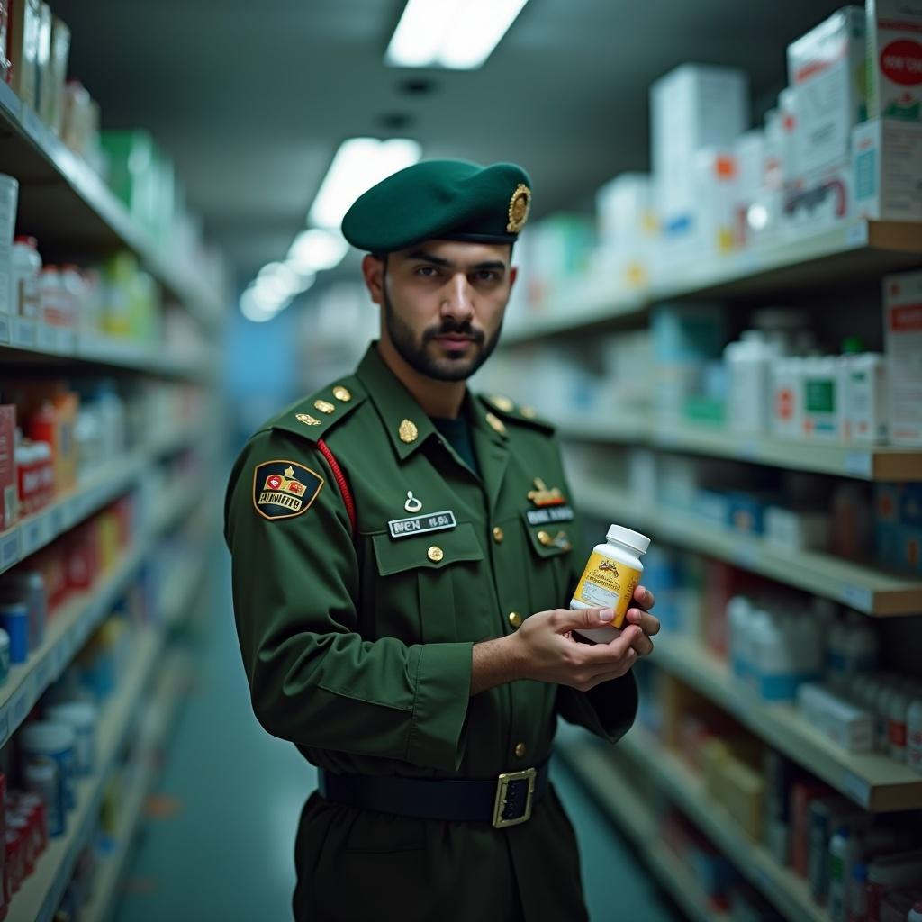 A person in a military uniform holding a bottle in a pharmacy with shelves