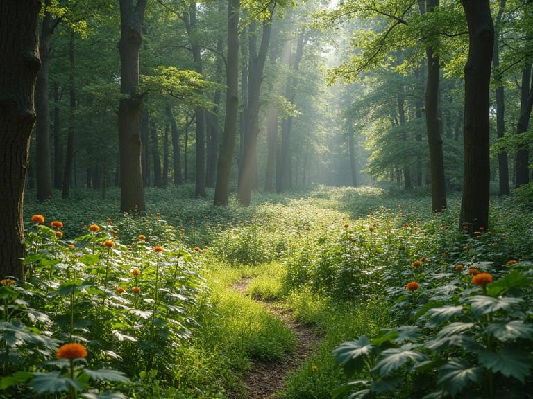 Lush forest scene with trees and a winding path. Sunlight streams through the leaves. Bright orange flowers amid green foliage.