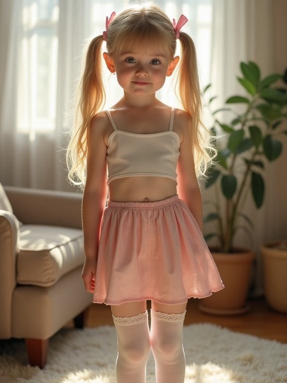 A young blonde girl stands softly lit by warm afternoon light. Hair in twin ponytails with pink ribbons. Dressed in a white cropped cami and pastel pink skirt. Wearing lace-trimmed thigh-high socks, barefoot on a plush rug. Her expression is sweet and curious with rosy cheeks. The living room appears quiet, capturing a natural moment.