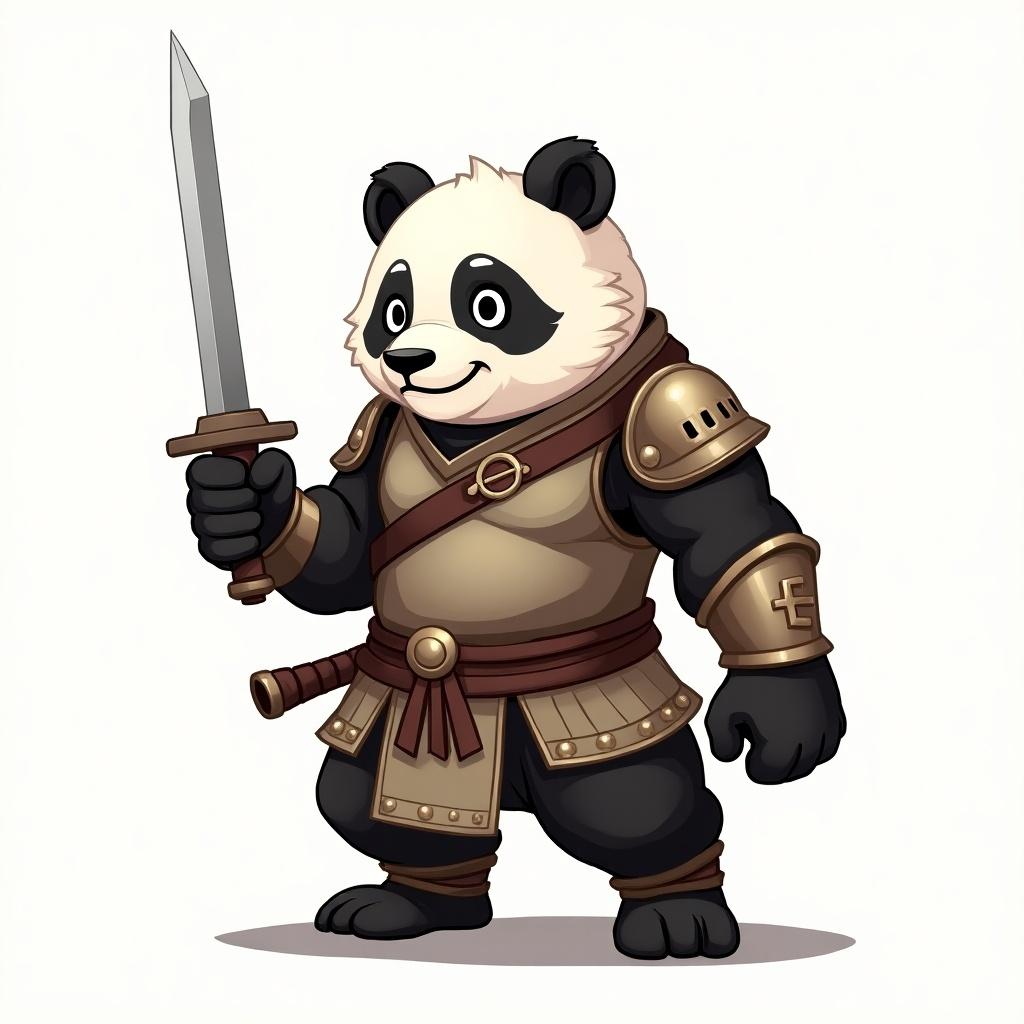 Full-body cartoonish panda warrior with sword. Character has light armor and stands still. Panda features a 1:1.5 head-to-body ratio. Centered in the image.