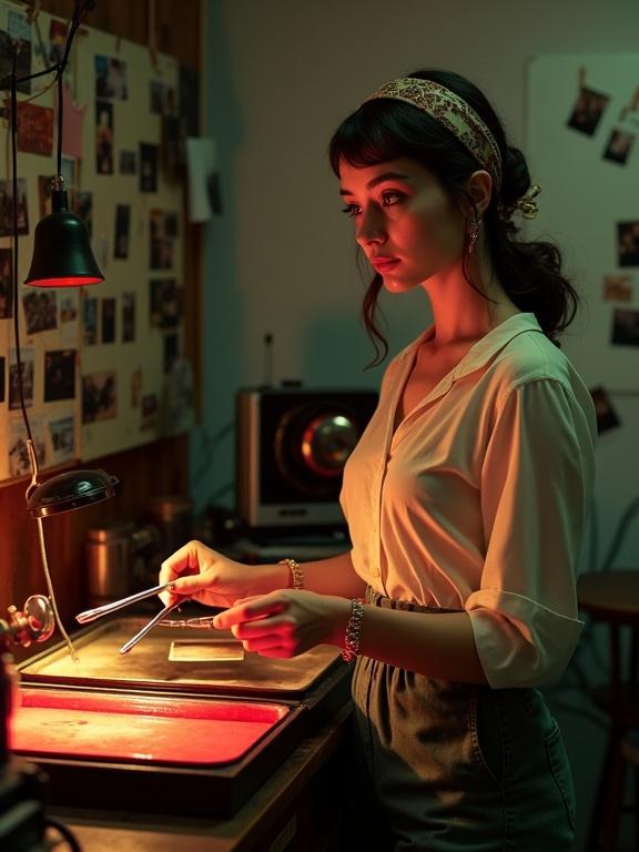 Brunette photographer develops photograph in vintage darkroom. Red safelight creates warm glow. Various development equipment fills the scene. Stylish retro outfit enhances ambiance. Photos in multiple stages of development line the walls.