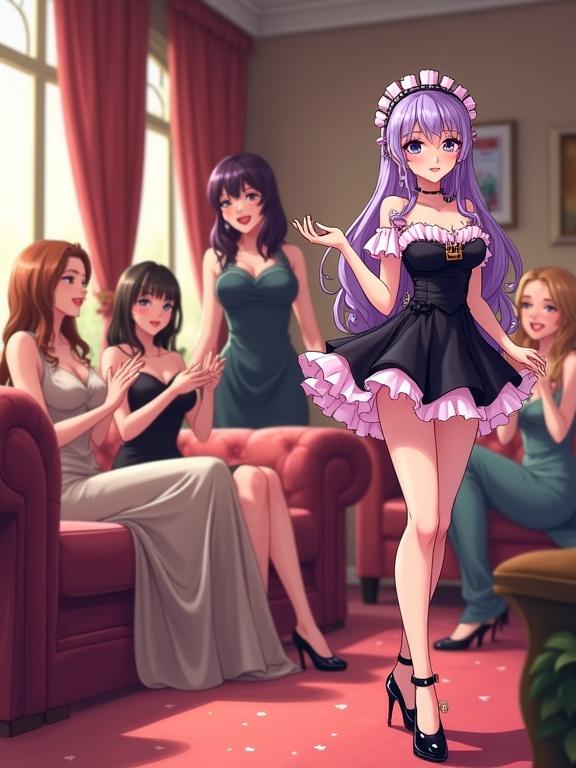 Anime-style illustration set in a cozy living room. Group of elegantly dressed women sit on a sofa clapping and giggling. In the foreground, a wife in a sleek dress gestures proudly. Husband dressed as a sissy maid with lavender hair in a frilly uniform, turning nervously. Makeup is bold with exaggerated features. Scene is playful, with bright colors and sparkles.