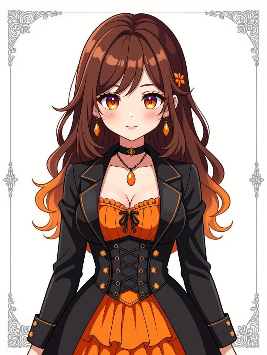 Anime character with medium brown hair styled with orange accents. Wearing a Victorian-inspired outfit with a black blazer and an orange frilled dress. Eyes are orange with earrings and a pendant. The character has an expressionless face and is viewed from a frontal perspective against a plain white background.