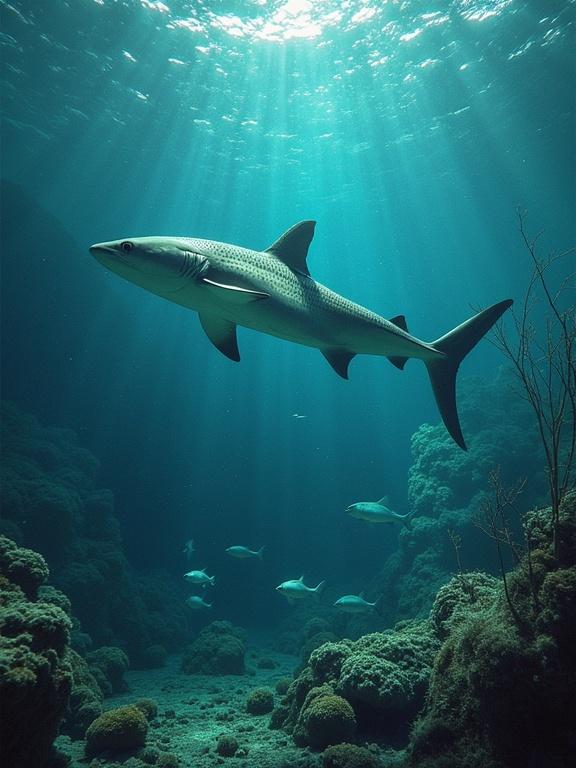 An enchanting underwater scene showcasing a shark gracefully swimming among coral reefs. Soft beams of sunlight penetrate the water surface illuminating the scene. The aquatic environment is vibrant with different shades of blue and green. Other fish are subtly visible in the background enhancing the tranquil atmosphere.