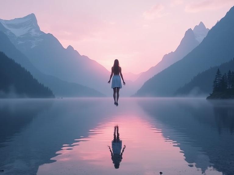 Depict a lake at dawn with the sun painting the mountain peaks pink. Center the composition with a hovering girl whose figure and reflection create symmetry. Emphasize the contrast between the material world and the mystical.