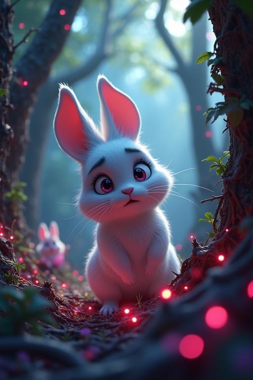 Cinematic scene in a magical forest with a white rabbit in thorny vines. A puppy is nearby. The atmosphere is colorful and enchanting with light and shadows.