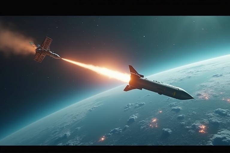 3D animation of ASAT missile launching into space targeting satellite under bright daylight. Vibrant earth below glows in blues and greens. Captured in ultra-HD 4K, 16:9 ratio, showcasing DRDO’s space capabilities.