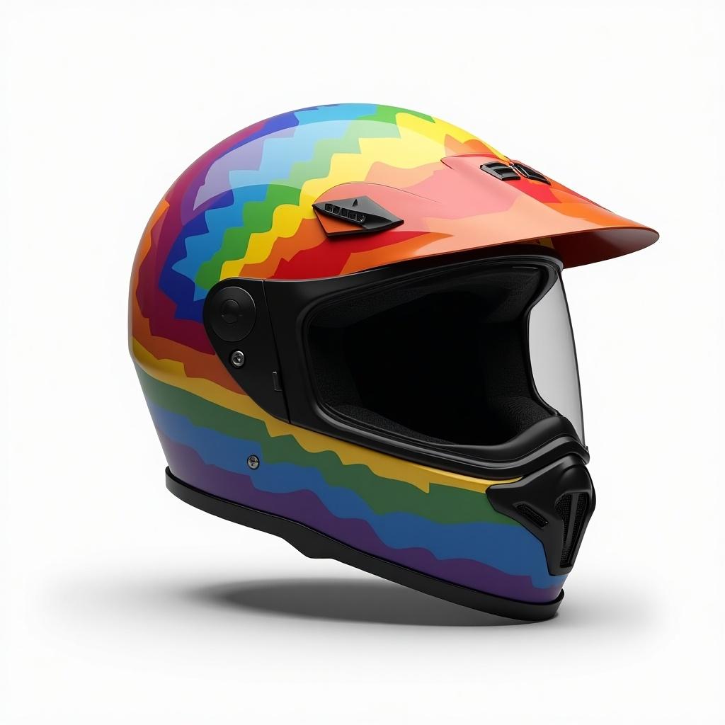 Design features a dual-sport motorcycle helmet with peak. Helmet displays a vibrant LGBTQIA+ flag pattern. Unique color design celebrates diversity and expression. Focus on safety augmented by stylish aesthetic and individuality.