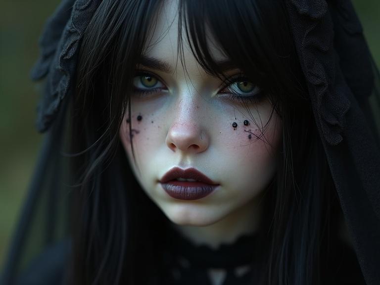 Close-up portrait of a gothic girl with pale skin and dark makeup wearing a black veil. The background is blurred to emphasize her features. High-resolution detail is evident. Gothic aesthetics are prominent in her attire and expression.