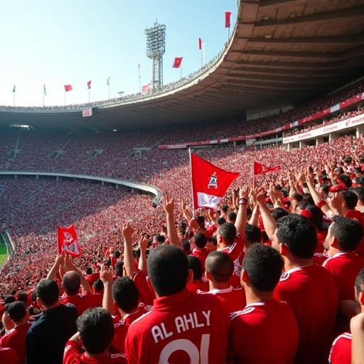Large crowd of Al Ahly football club supporters fills Cairo International Stadium in 2000. Supporters wear red jerseys with white trim creating a sea of red. Some hold large banners displaying AL AHLY text. Arms raised in unison. Stadium architecture and floodlights visible. Egyptian flags fly from poles.