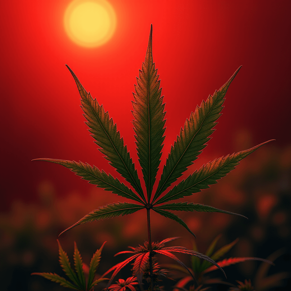 A single leaf is silhouetted against a vibrant red sunset with a glowing sun.