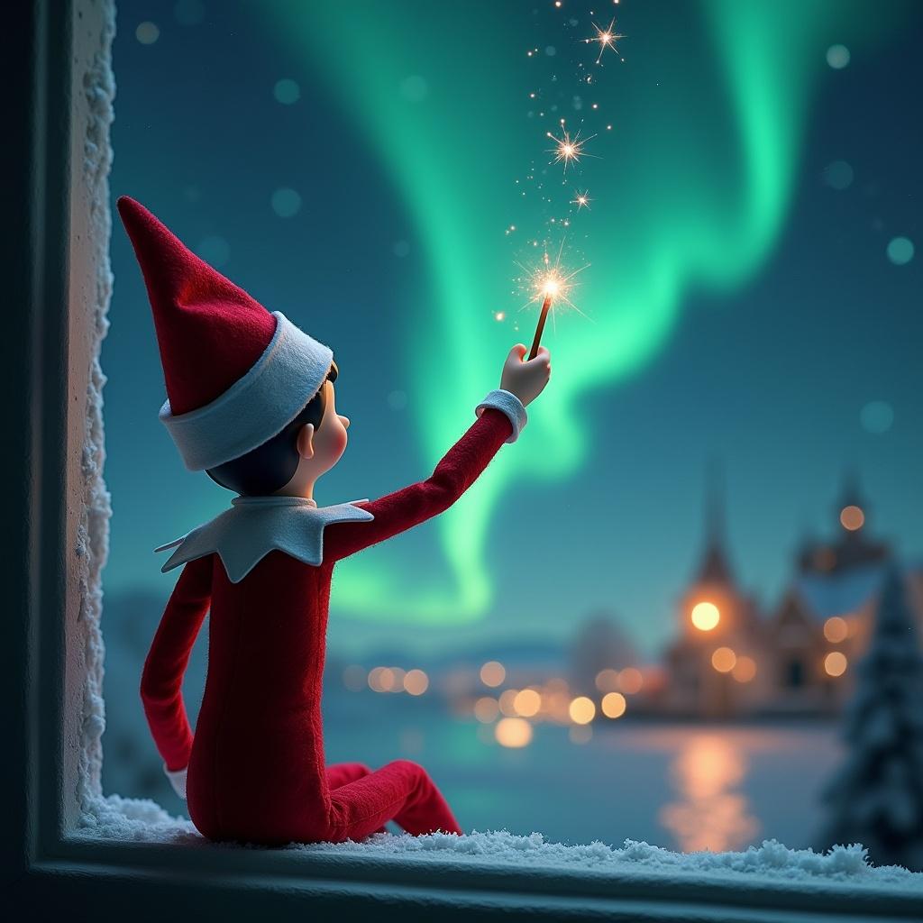 The image depicts an Elf on the Shelf seated on a windowsill, facing away from the viewer. The elf holds a wand and seems to be writing a name in the sparkling night sky. Behind him, the enchanting northern lights stretch across the sky, creating a magical atmosphere. The scene reflects a cozy, festive Christmas setting, with a hint of Santa in the background. Snow covers the ground and adds to the winter wonderland vibe.