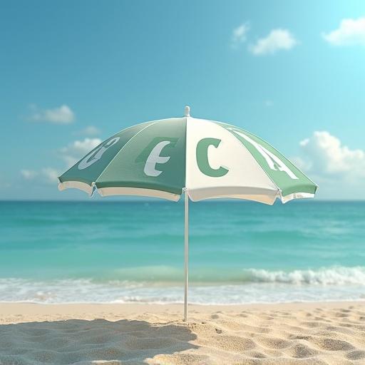 A beach scene features a white and green umbrella with ACV letters. The ocean and sand are visible. Bright sunlight creates a warm atmosphere.